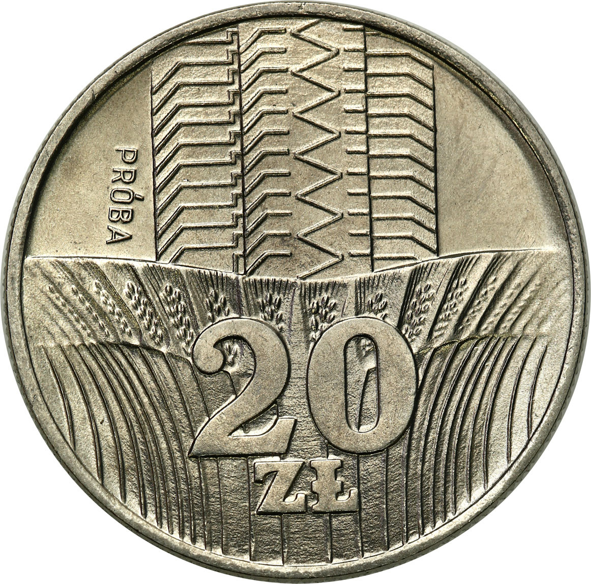 PRL. PRÓBA Nikiel 20 złotych 1973 - wieżowiec i kłosy